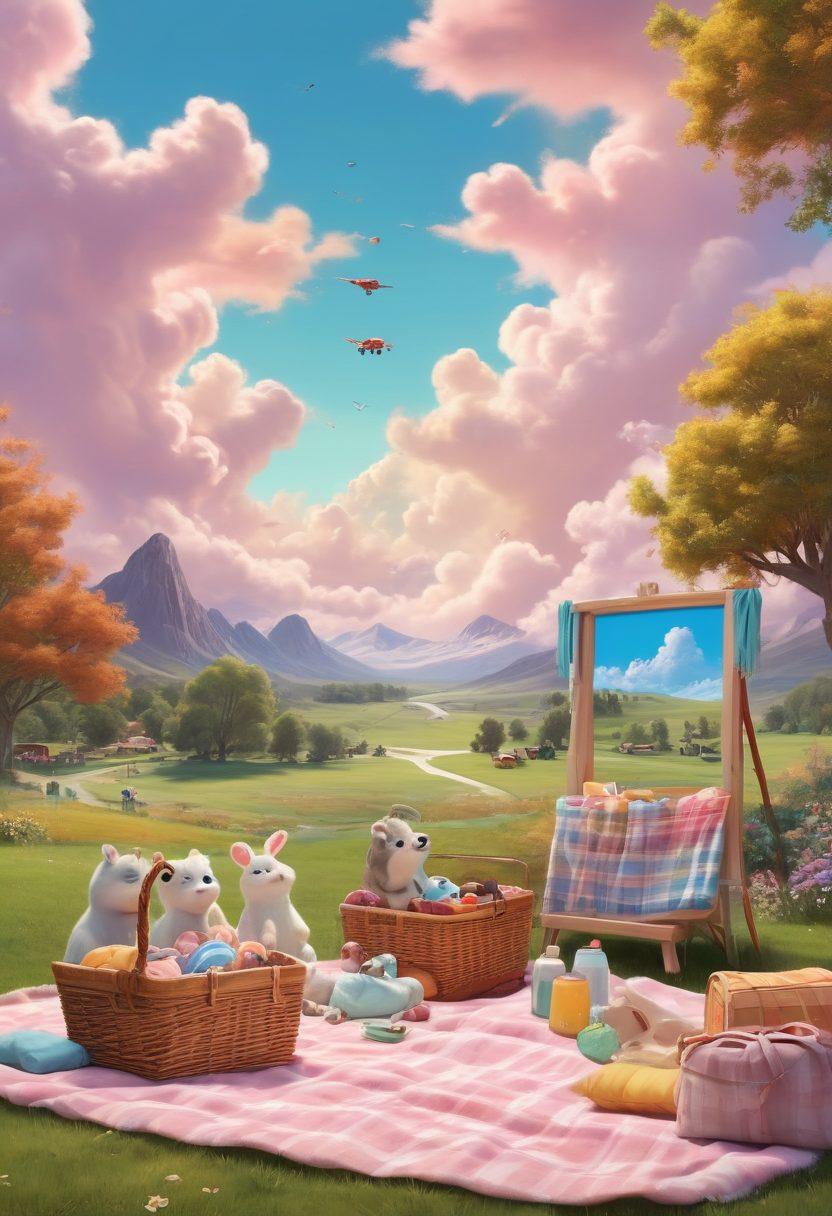 A colorful and whimsical landscape filled with animated characters from various cheerful movies, showcasing a diverse group of families watching a large screen outdoors. The sky is painted in soft pastel colors with fluffy clouds, and there are picnic baskets and blankets scattered around, depicting joy and togetherness. Include iconic elements like film reels and playful animals. cartoonish style. vibrant colors. 3D.