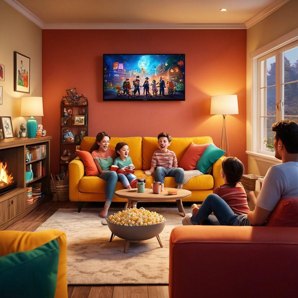 An animated family gathered in a cozy living room, joyfully watching a colorful movie on a big screen, with laughter and smiles all around. The room is filled with popcorn, bright pillows, and whimsical memorabilia from various animated films. Include a whimsical touch with animated characters subtly peeking from the screen into the room. The atmosphere should be vibrant and cheerful, capturing the essence of family fun and laughter. super-realistic. vibrant colors. cozy ambiance.