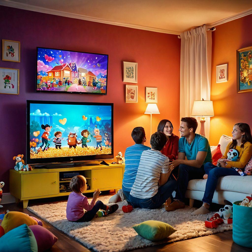A joyful family gathered around a colorful TV screen, watching animated films, with vibrant character designs from popular family-friendly movies floating around them. Include elements of laughter, hearts, and popcorn, creating a warm and inviting atmosphere. The room is decorated with soft lighting and playful toys scattered around. whimsical art style. vibrant colors. warm ambiance.